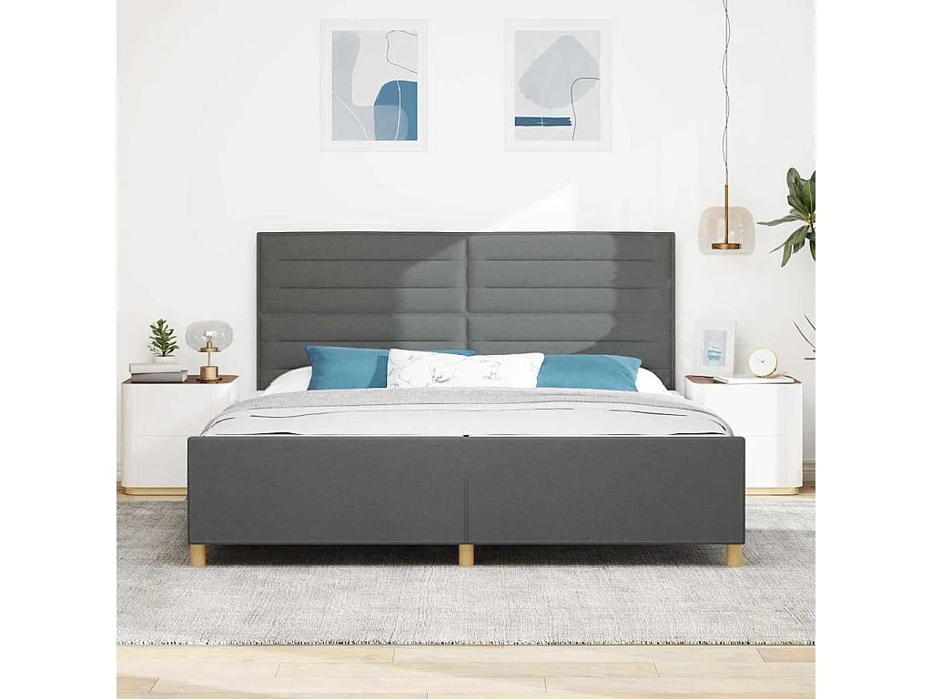 Lit double | Lit adulte | Cadre de lit avec tête de lit Gris foncé 200x200 cm tissu