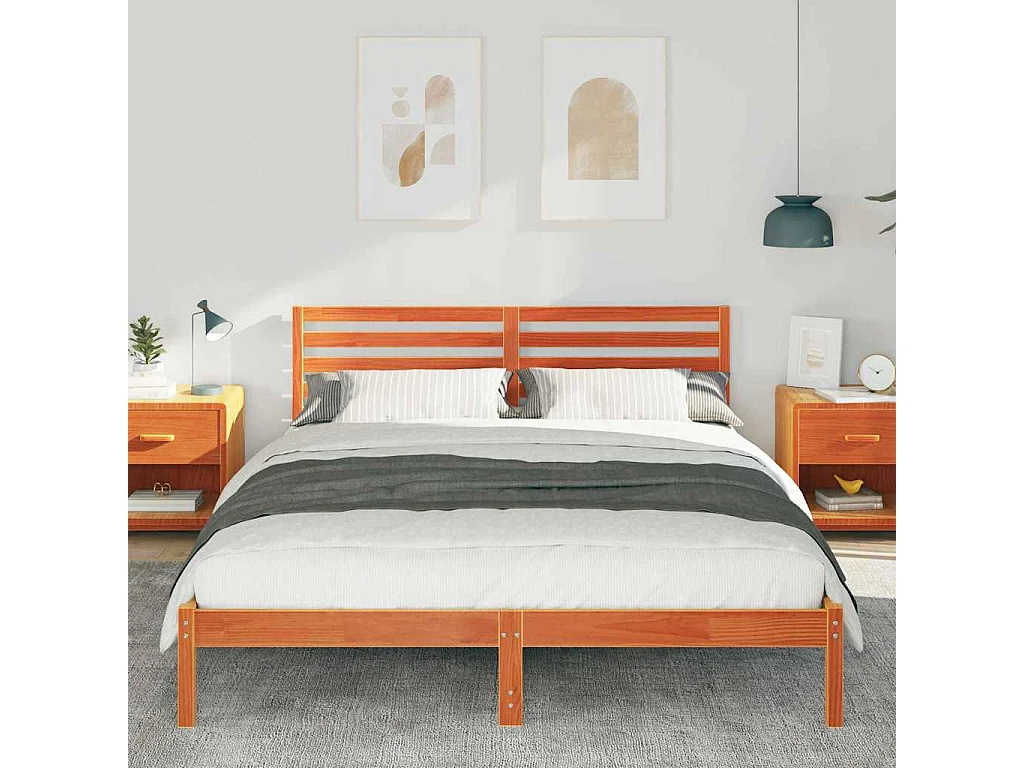 Lit double | Lit adulte | Cadre de lit Marron cire 160x220 cm Bois massif en pin
