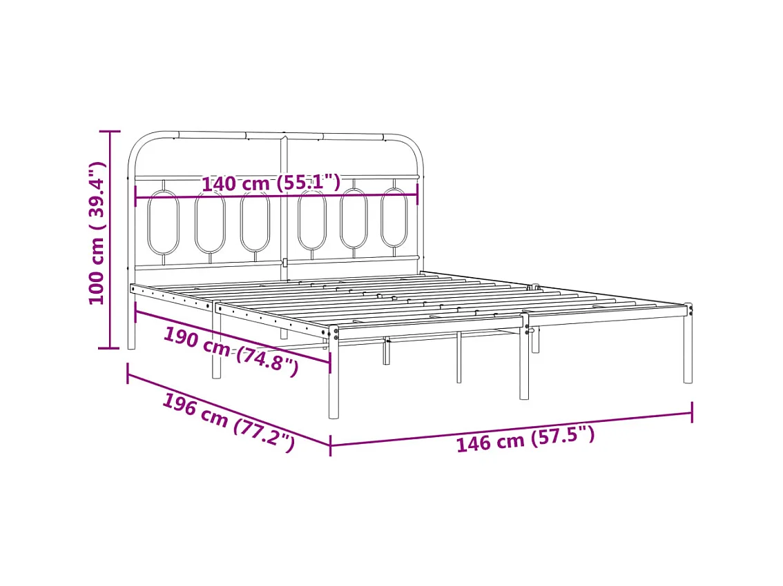 Lit double | Lit adulte | Cadre de lit métal et tête de lit blanc 140x190 cm