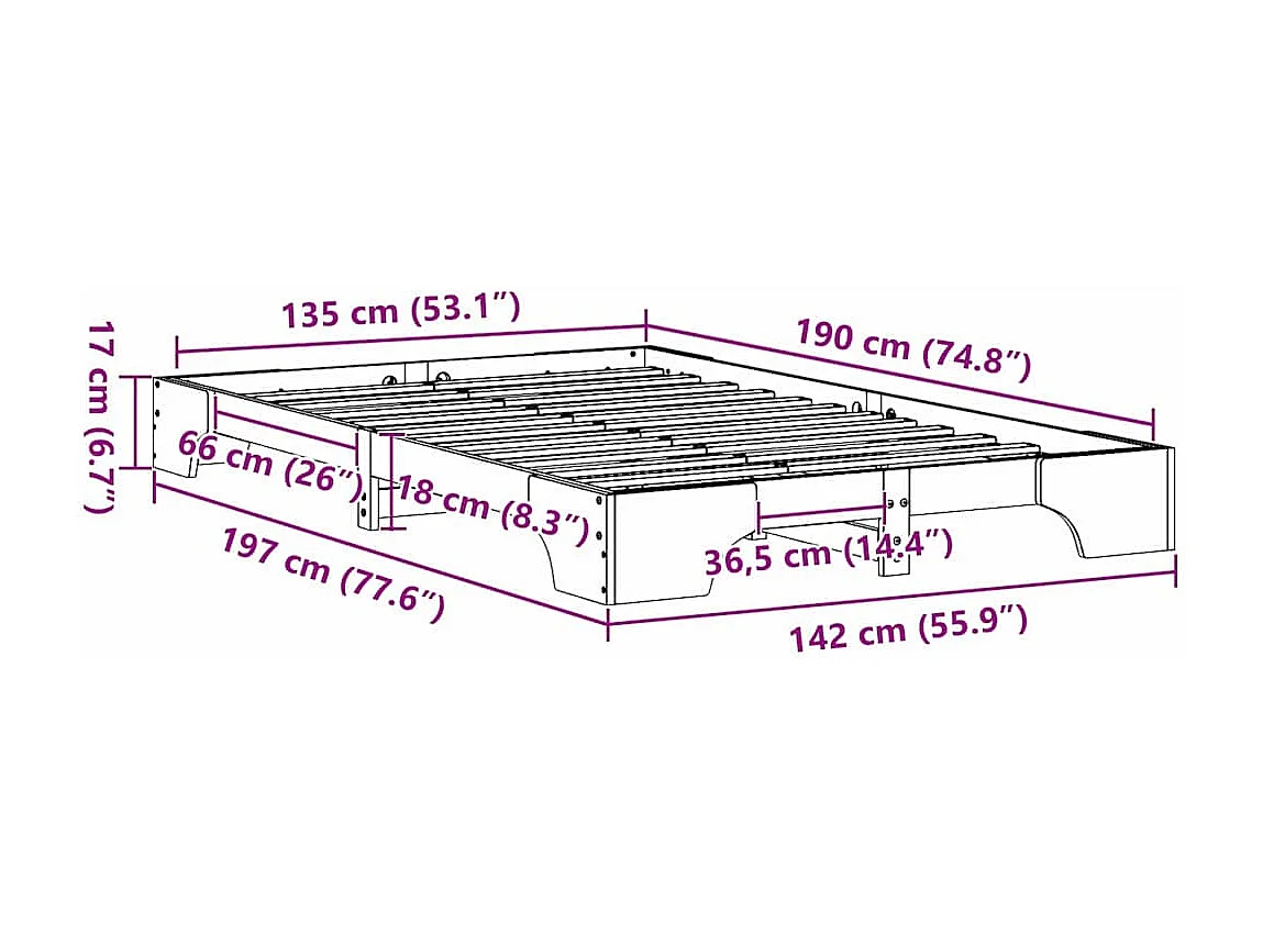 Lit double | Lit adulte | Cadre de lit blanc 135x190 cm en bois de pin massif