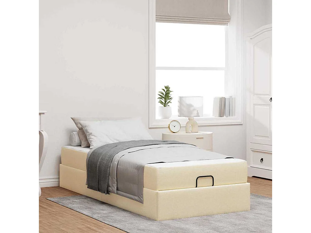 Lit simple | Lit adulte, enfant | Cadre de lit avec matelas Crème 100x200 cm tissu