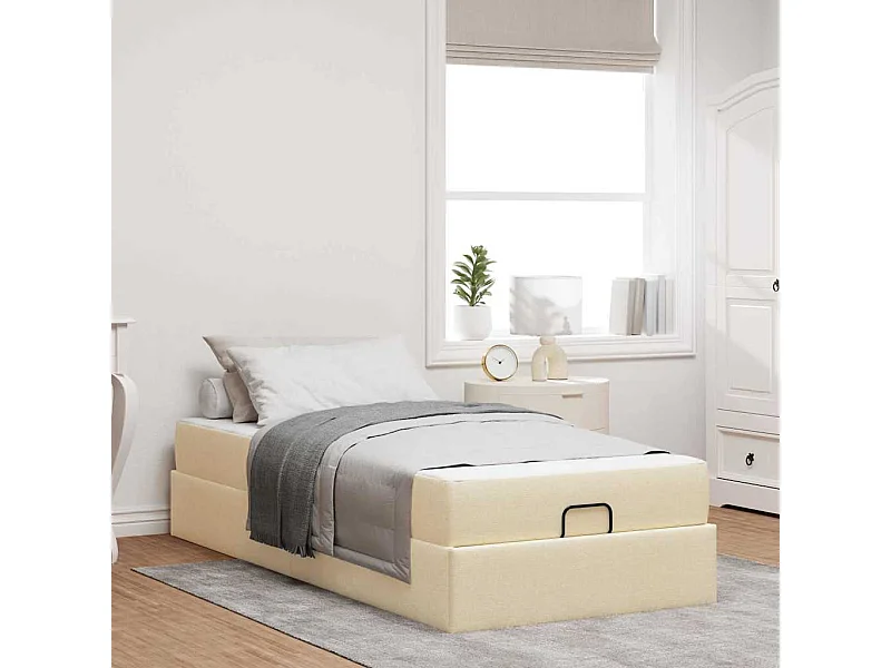 Lit simple | Lit adulte, enfant | Cadre de lit avec matelas Crème 100x200 cm tissu