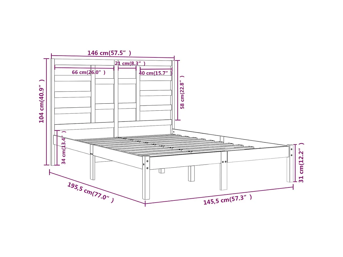 Lit double | Lit adulte | Cadre de lit noir bois massif 140x190 cm