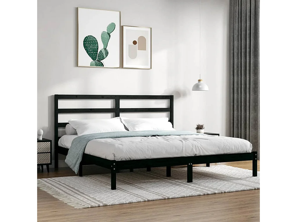 Lit double | Lit adulte | Cadre de lit noir 200x200 cm bois massif de pin