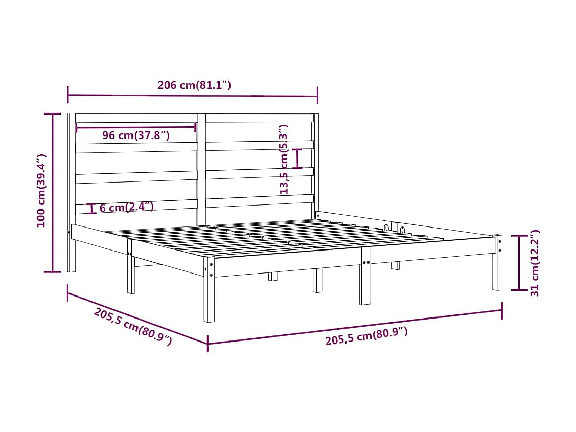 Lit double | Lit adulte | Cadre de lit noir 200x200 cm bois massif de pin