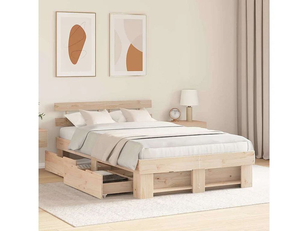 Lit simple | Lit adulte, enfant | Cadre de lit avec tiroir Marron 120x200 cm Bois massif en pin