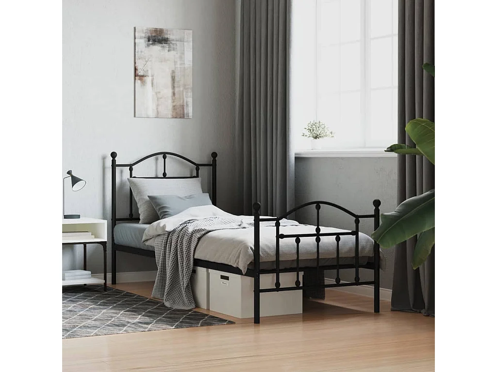 Lit simple | Lit adulte, enfant | Cadre de lit métal avec pied de lit noir 90x200 cm
