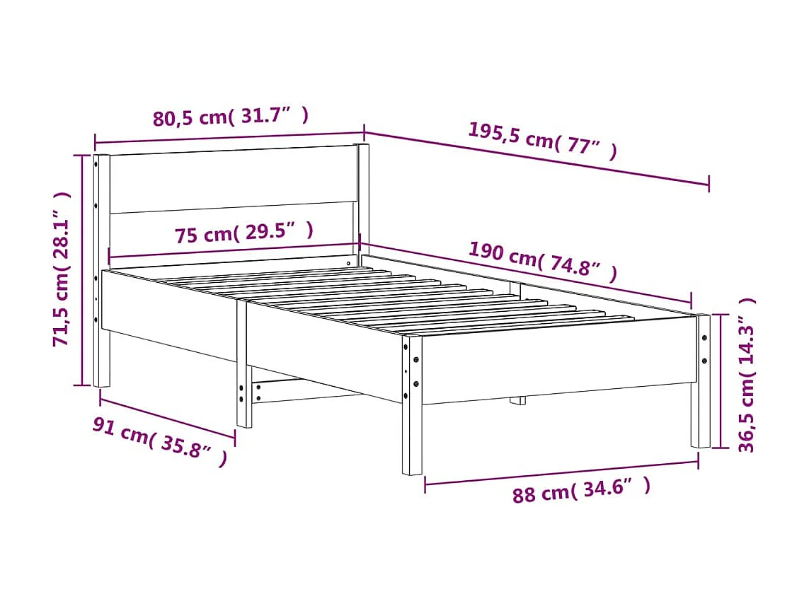 Lit simple | Lit adulte, enfant | Cadre de lit blanc 75x190 cm bois de pin massif