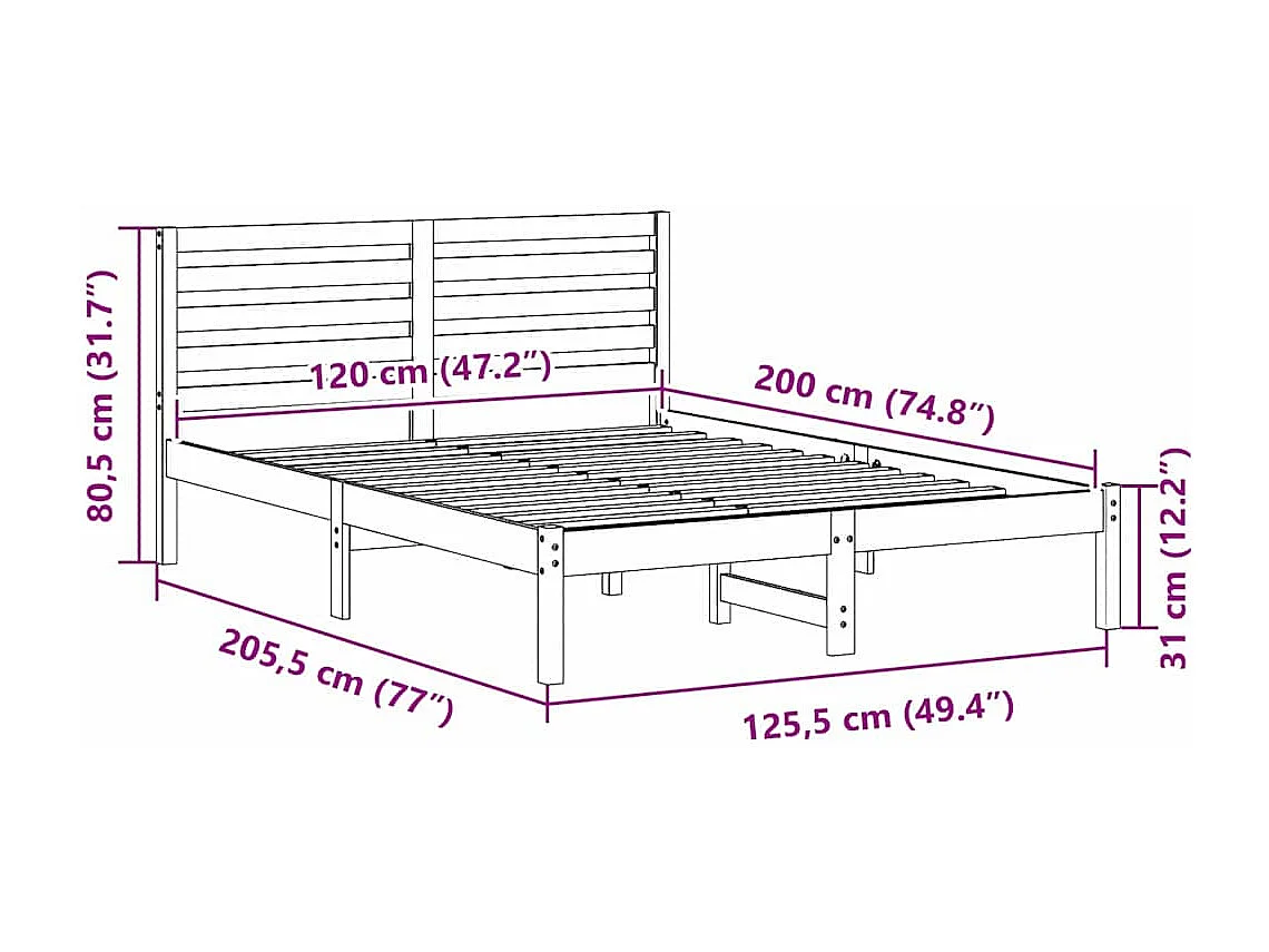 Lit simple | Lit adulte, enfant | Cadre de lit Blanc 120x200 cm Bois massif en pin