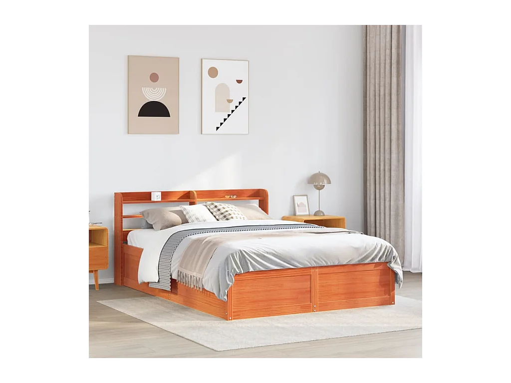 Letto per adulti | Letto matrimoniale | Giroletto con Testiera Marrone Cera 140x190 cm Massello Pino