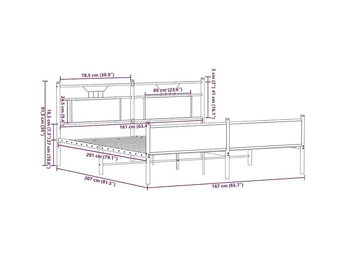 Letto per adulti | Letto matrimoniale | Giroletto senza Materaso in Metallo Rovere Fumo 160x200 cm