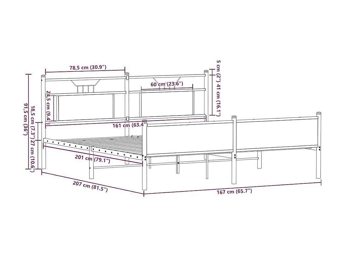 Letto per adulti | Letto matrimoniale | Giroletto senza Materaso in Metallo Rovere Fumo 160x200 cm