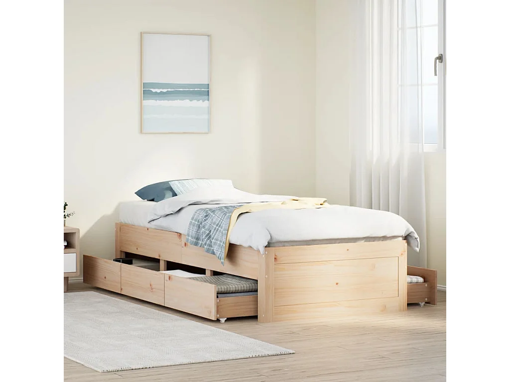 Lit simple | Lit adulte, enfant | Cadre de lit avec tiroirs 75x190 cm bois de pin