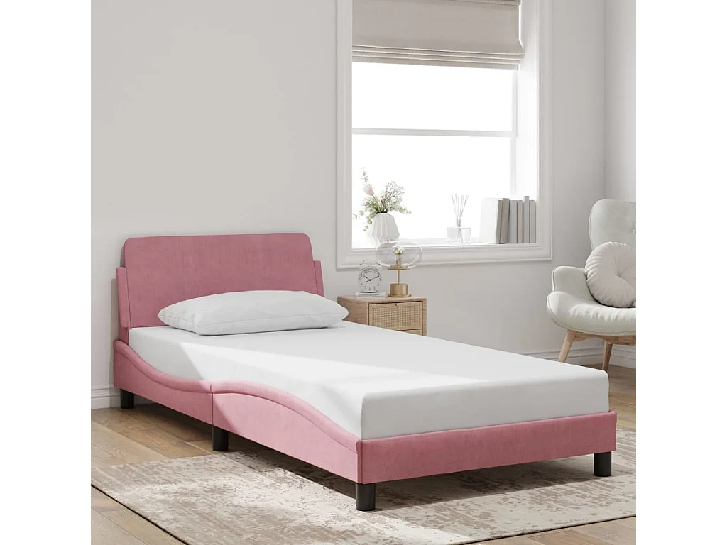 Lit simple | Lit adulte, enfant | Cadre de lit et tête de lit rose 100x200cm velours