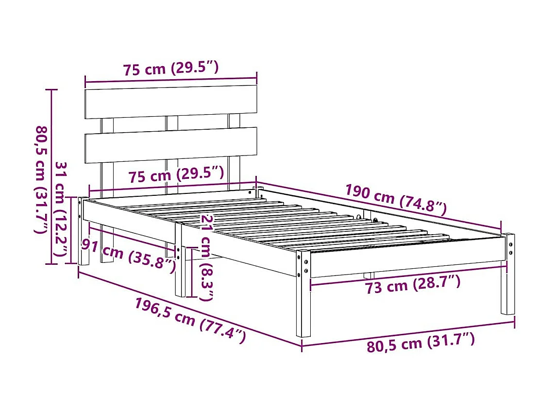 Lit simple | Lit adulte, enfant | Cadre de lit Marron 75x190 cm Bois de pin massif
