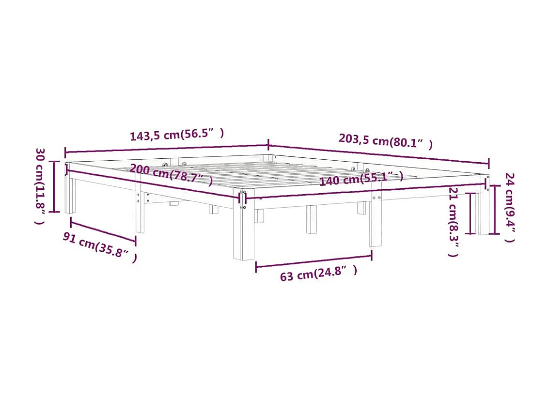 Lit double | Lit adulte | Cadre de lit bois massif de pin 140x200 cm