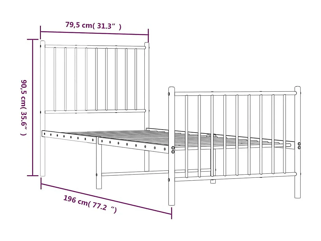 Lit simple | Lit adulte, enfant | Cadre de lit métal avec pied de lit blanc 75x190cm