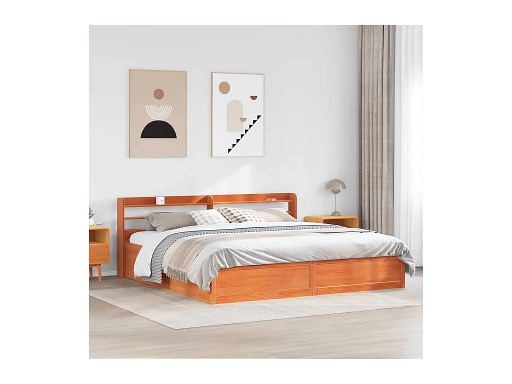 Letto per adulti | Letto matrimoniale | Giroletto con Testiera Marrone Cera 180x200 cm Massello Pino