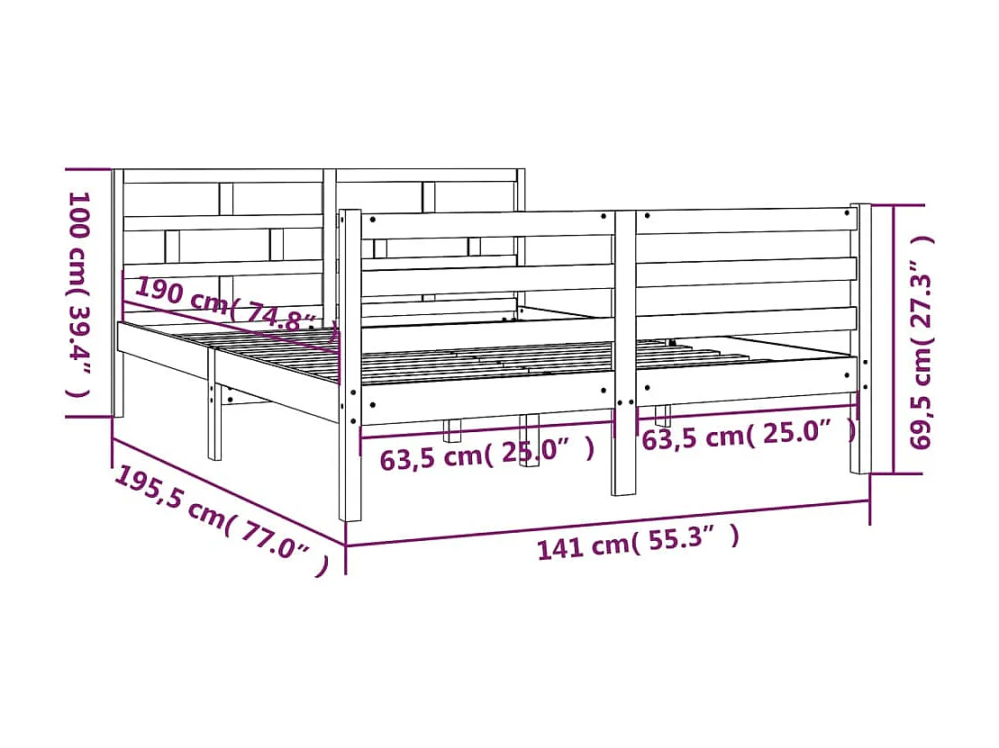 Lit double | Lit adulte | Cadre de lit bois massif 135x190 cm