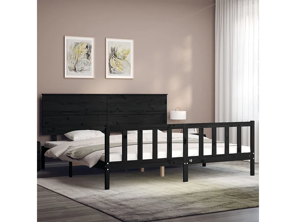 Lit double | Lit adulte | Cadre de lit noir 200x200 cm bois massif de pin