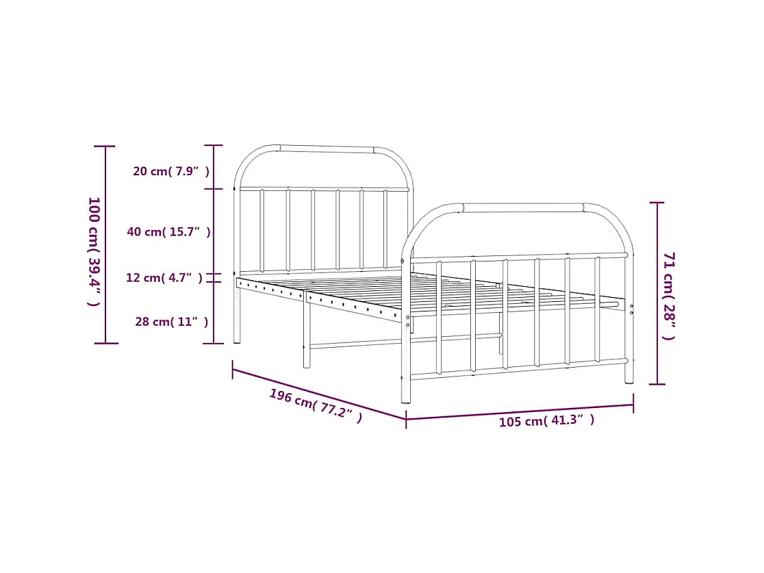 Lit simple | Lit adulte, enfant | Cadre de lit métal et pied de lit blanc 100x190 cm