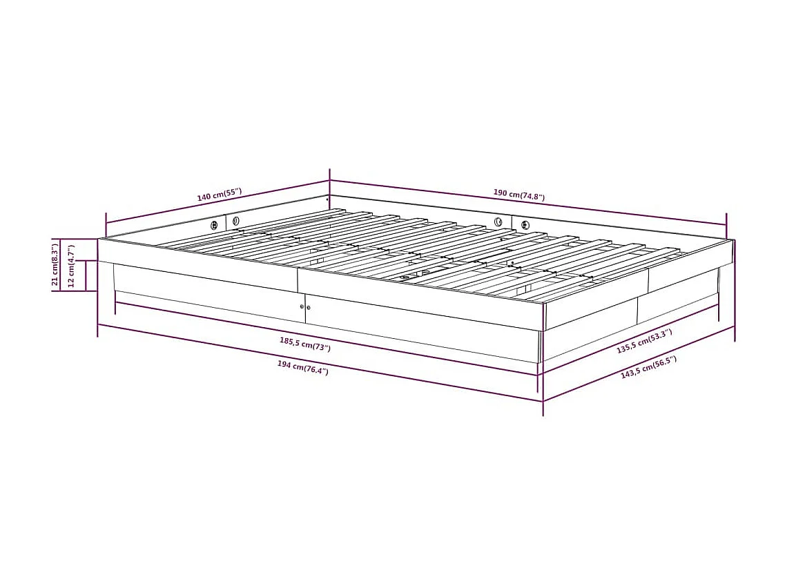 Lit double | Lit adulte | Cadre de lit bois massif 140x190 cm