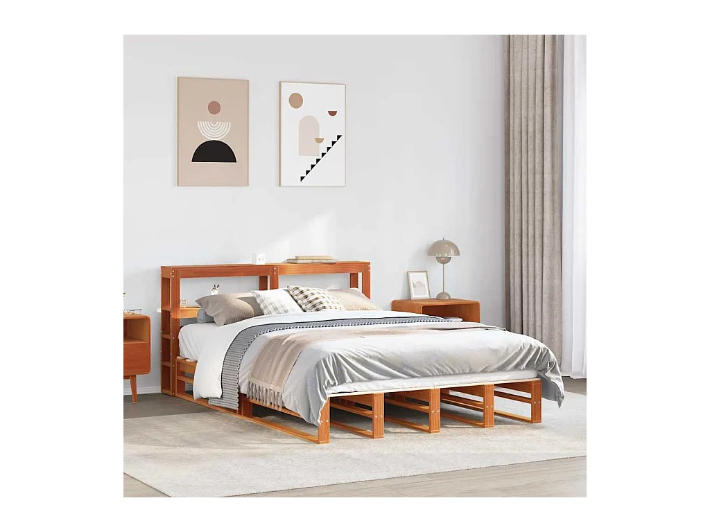 Letto per adulti | Letto matrimoniale | Giroletto con Testiera Marrone Cera 135x190 cm Massello Pino