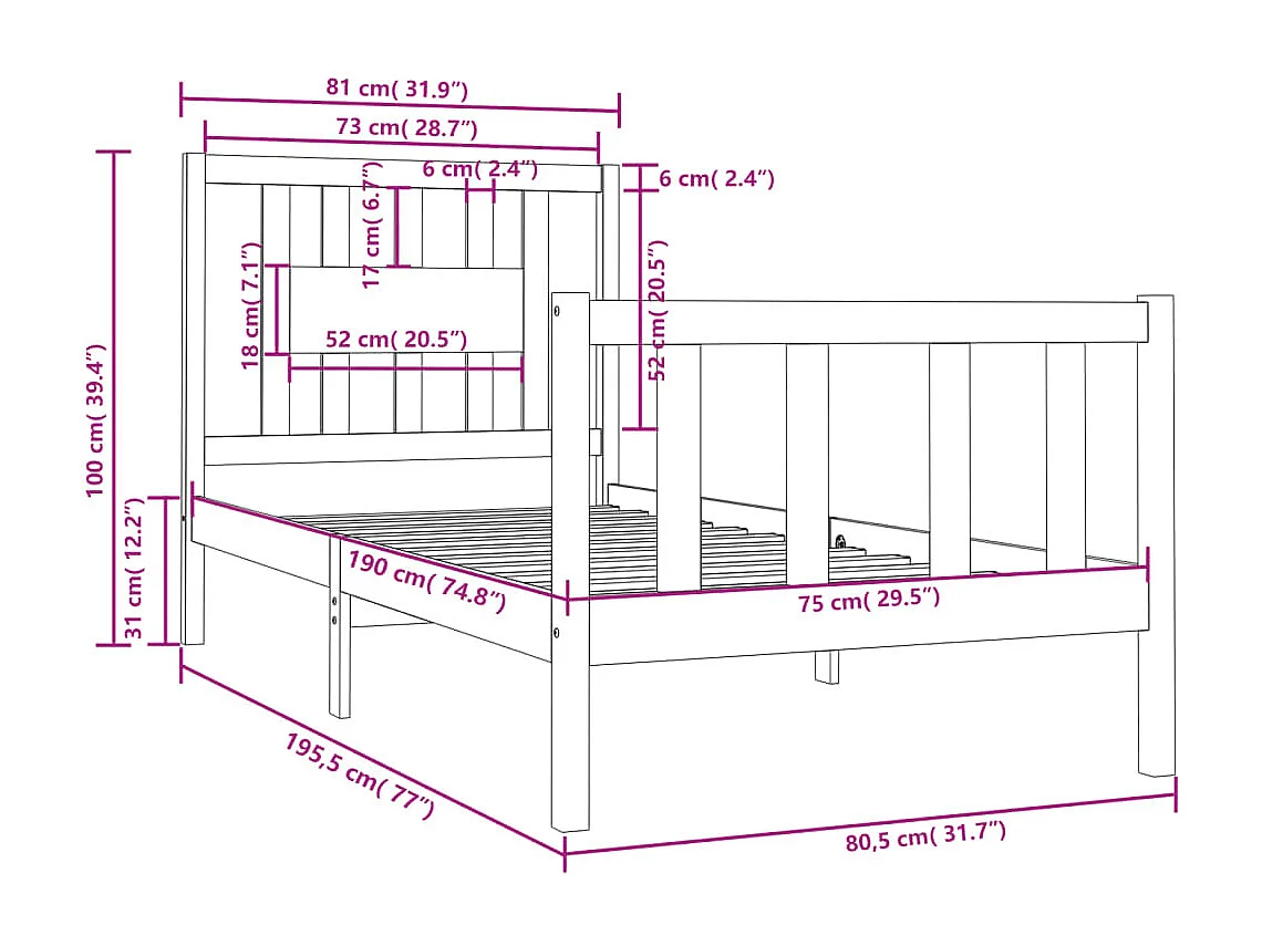 Lit simple | Lit adulte, enfant | Cadre de lit noir bois massif 75x190 cm
