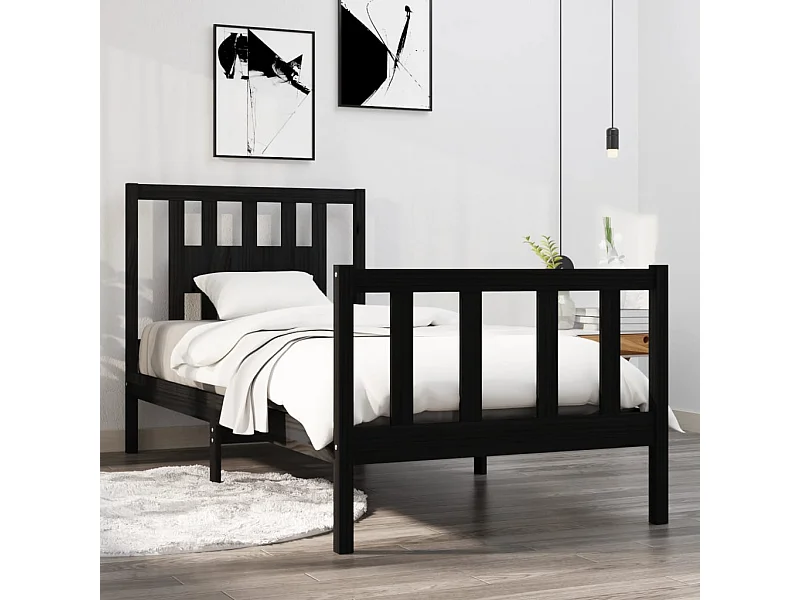 Lit simple | Lit adulte, enfant | Cadre de lit noir bois massif 75x190 cm