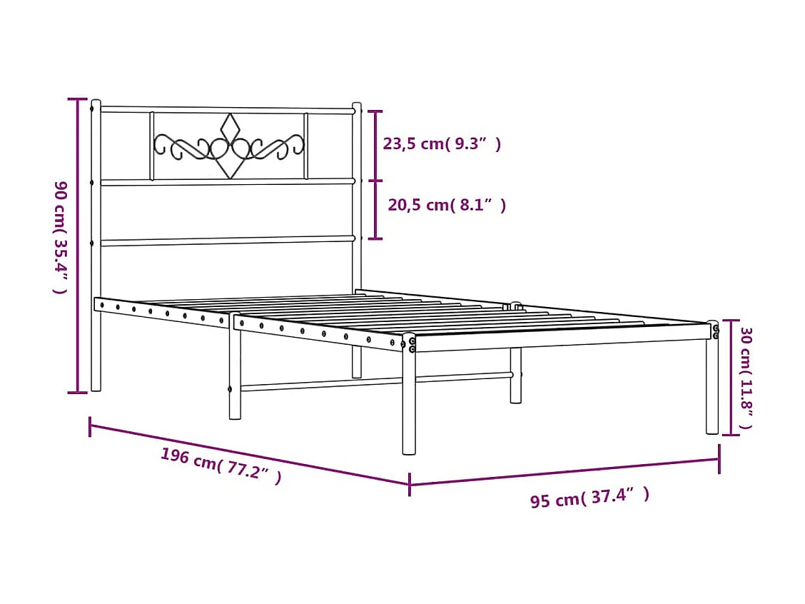Lit simple | Lit adulte, enfant | Cadre de lit métal avec tête de lit noir 90x190 cm