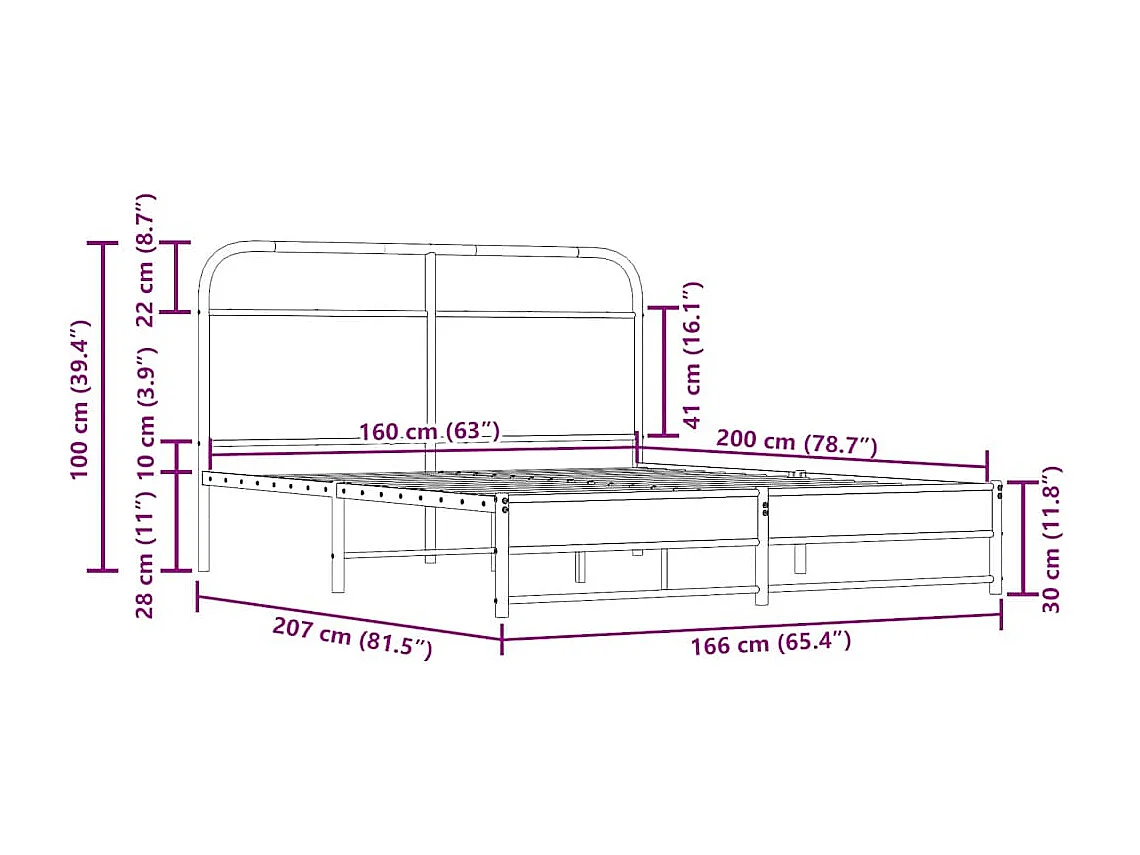 Letto per adulti | Letto matrimoniale | Giroletto senza Materaso in Metallo Rovere Fumo 160x200 cm