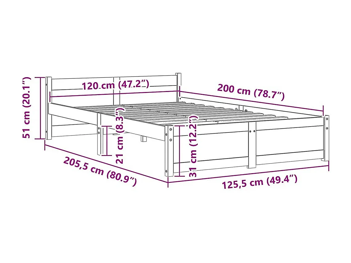 Lit simple | Lit adulte, enfant | Cadre de lit blanc bois massif 120x200 cm