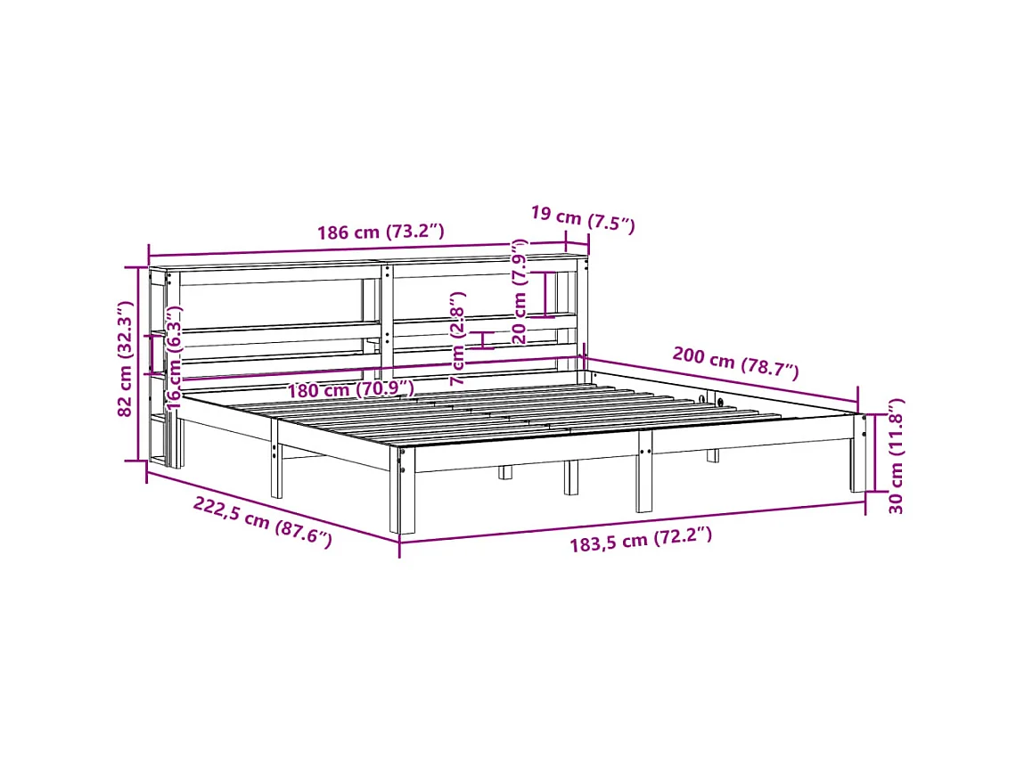 Letto per adulti | Letto matrimoniale | Giroletto con Testiera 180x200 cm Massello Pino