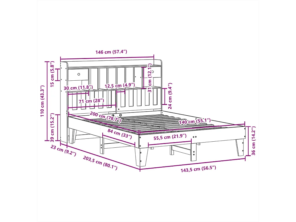 Lit double | Lit adulte | Cadre de lit 140x200 cm bois massif de pin