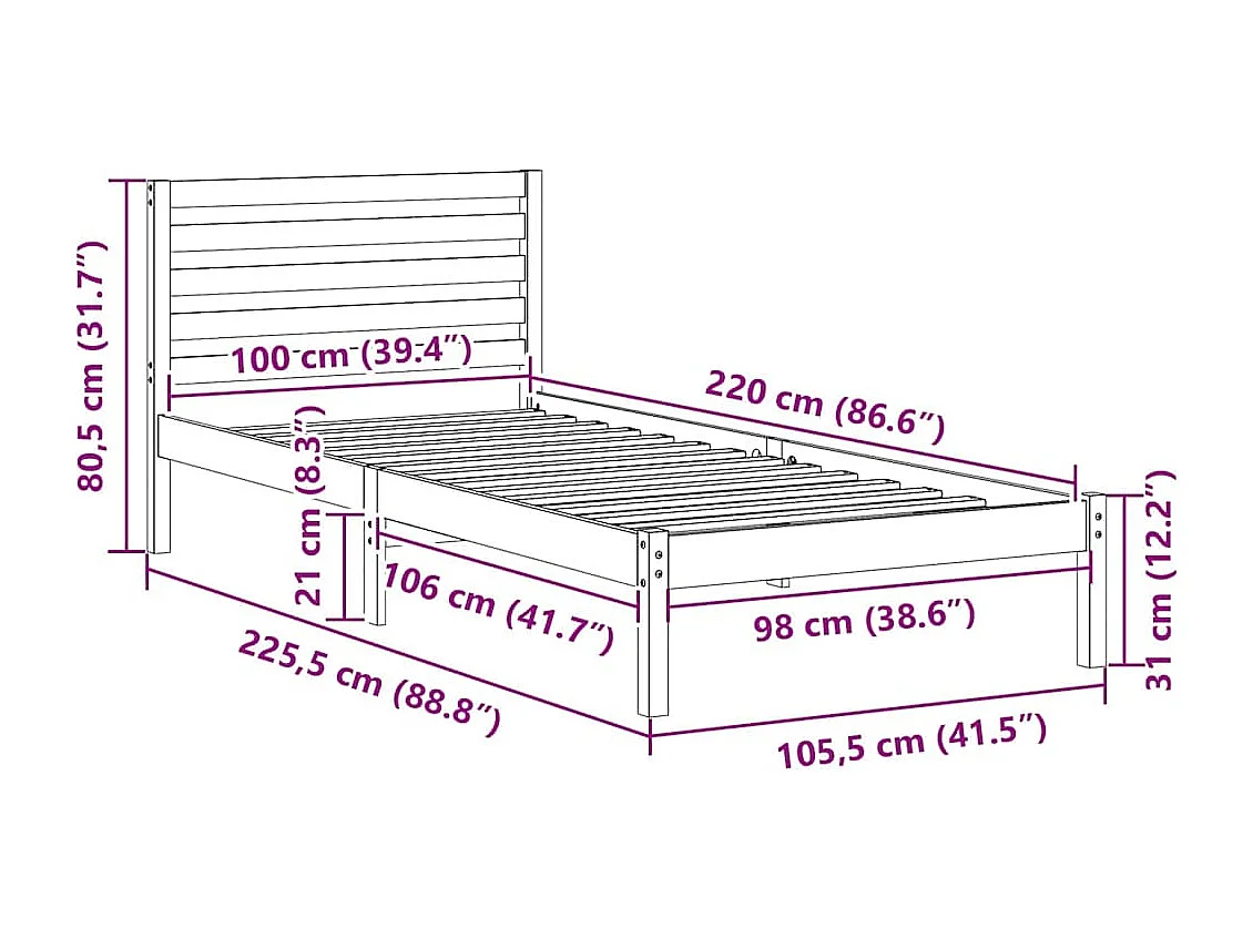 Lit simple | Lit adulte, enfant | Cadre de lit Marron 100x220 cm Bois massif en pin