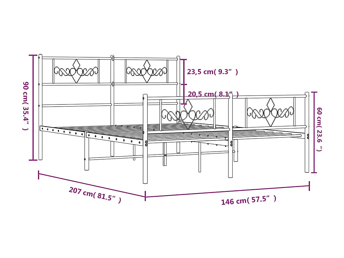 Lit double | Lit adulte | Cadre de lit métal et pied de lit blanc 140x200 cm