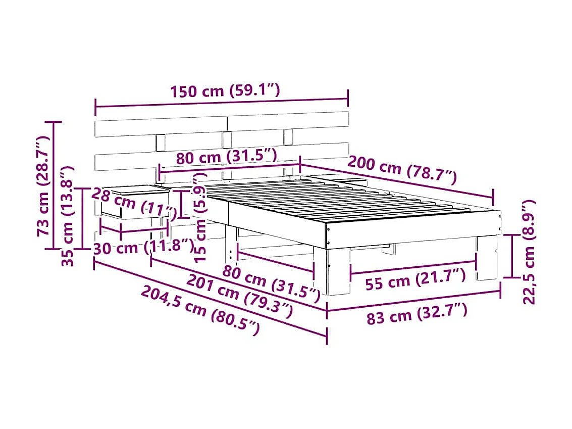 Lit simple | Lit adulte, enfant | Cadre de lit avec tiroir Marron 80x200 cm Bois massif en pin