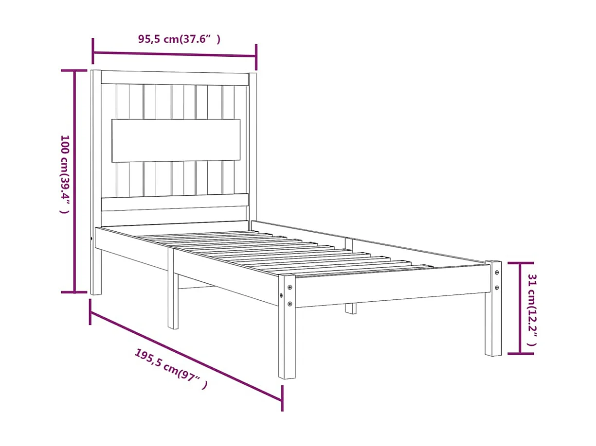Lit simple | Lit adulte, enfant | Cadre de lit bois massif 90x190 cm