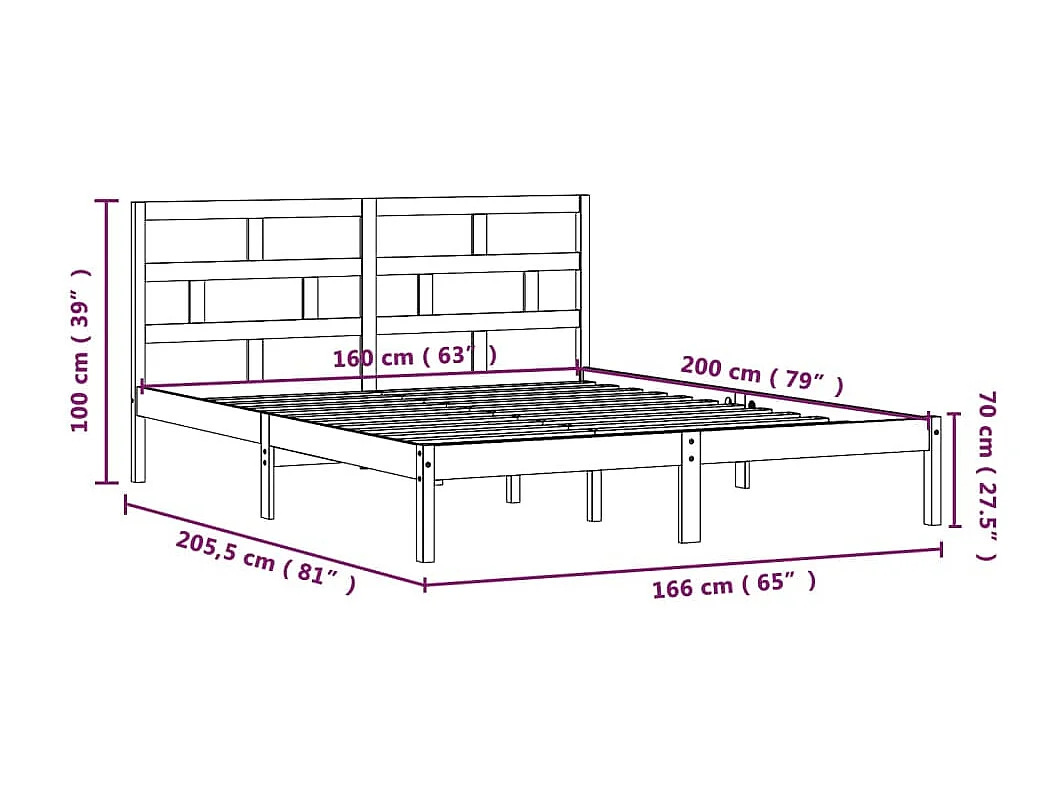Lit double | Lit adulte | Cadre de lit blanc bois massif 160x200 cm
