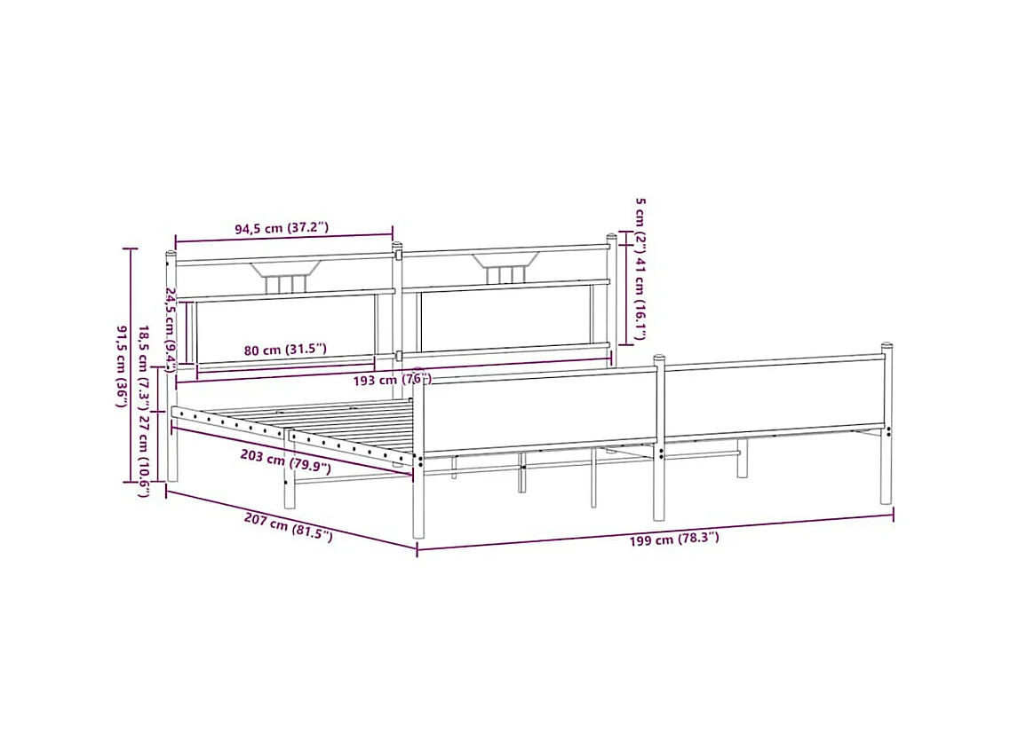 Letto per adulti | Letto matrimoniale | Giroletto senza Materaso in Metallo Rovere Marrone 193x201 cm