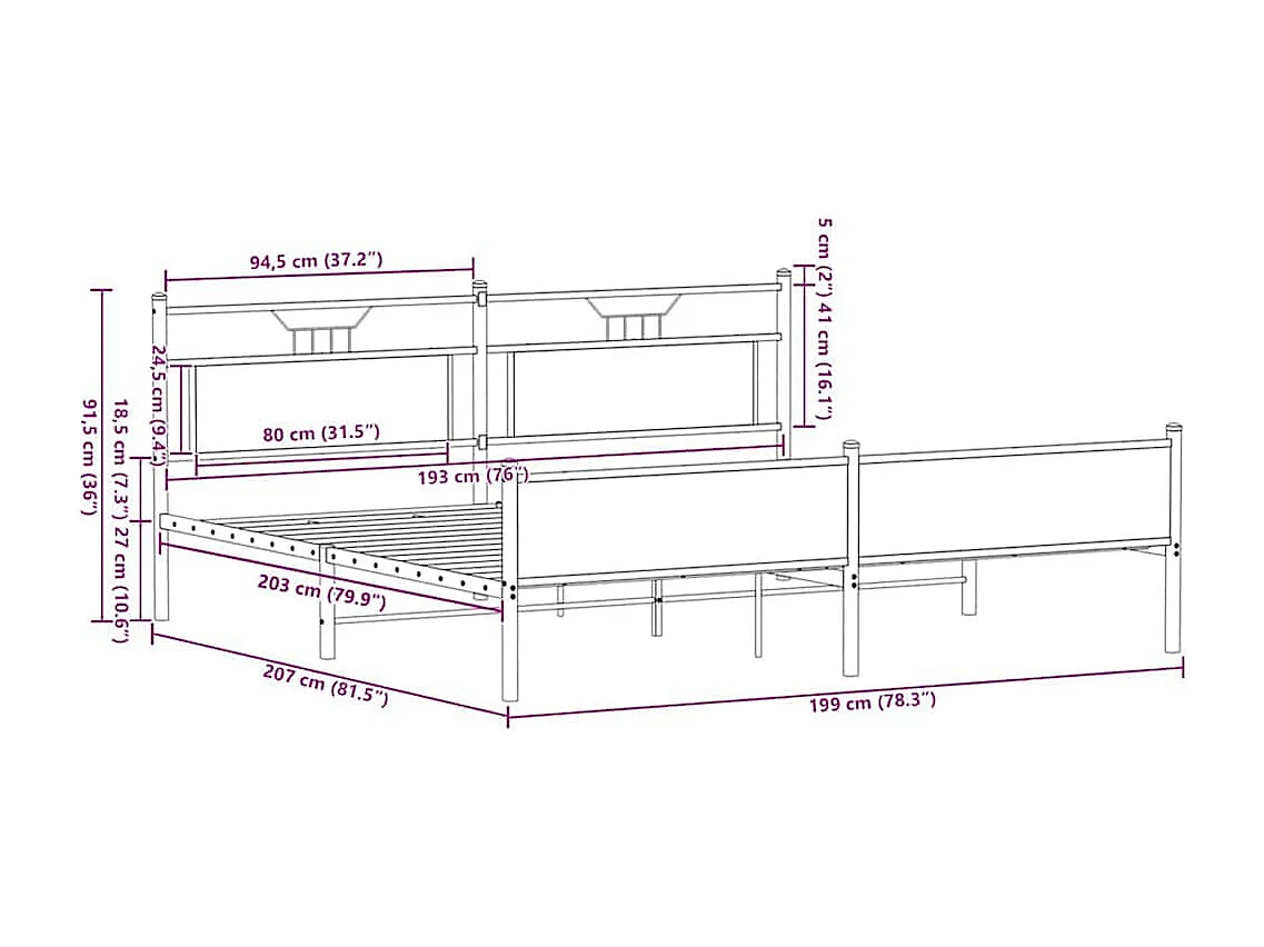 Lit double | Lit adulte | Cadre de lit en métal chêne marron 193x203 cm