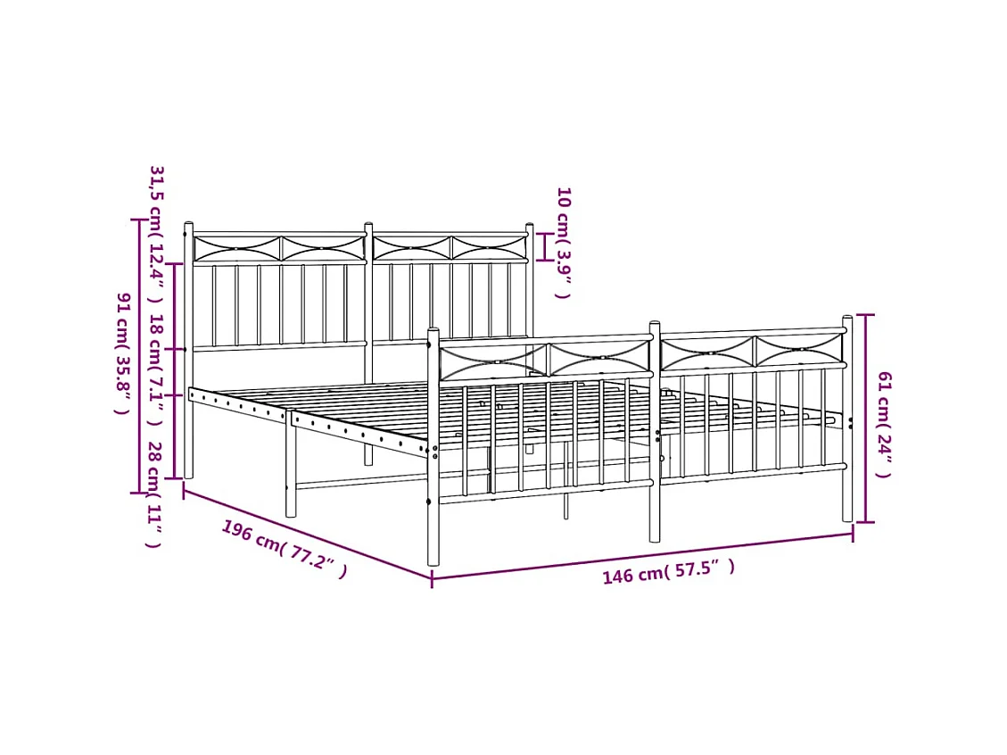 Lit double | Lit adulte | Cadre de lit métal et pied de lit blanc 140x190 cm