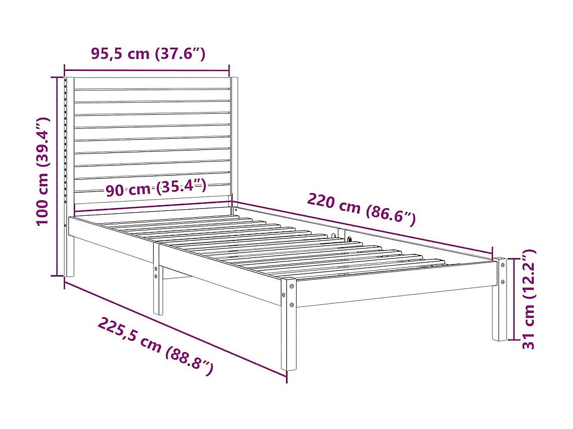 Lit simple | Lit adulte, enfant | Cadre de lit extra long 90x220 cm bois massif
