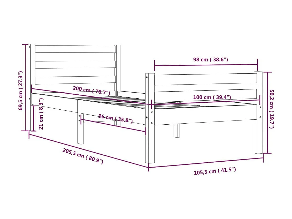 Lit simple | Lit adulte, enfant | Cadre de lit blanc bois massif 100x200 cm