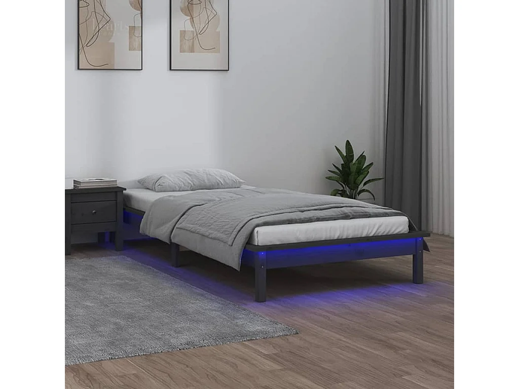 Lit simple | Lit adulte, enfant | Cadre de lit à LED gris 100x200 cm bois massif