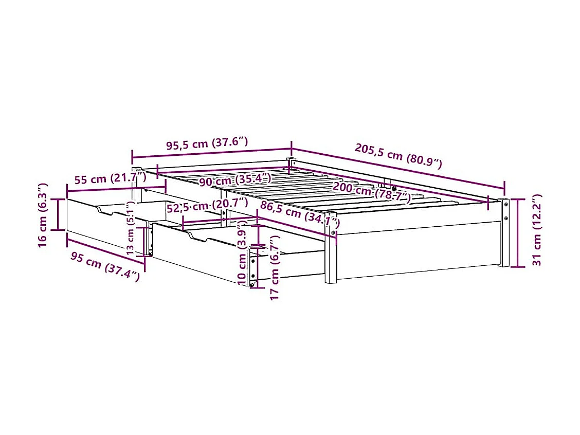Lit simple | Lit adulte, enfant | Cadre de lit 90x200 cm bois de pin massif