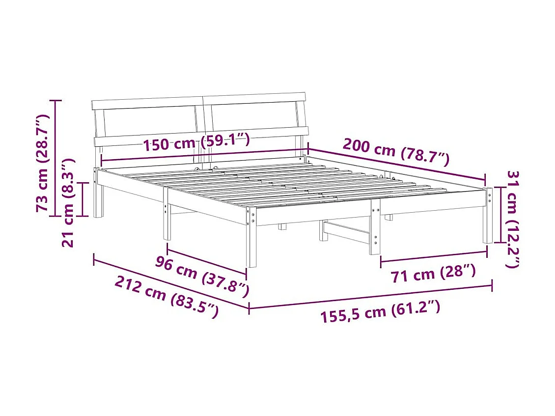 Lit double | Lit adulte | Cadre de lit Marron cire 150x200 cm Bois massif en pin