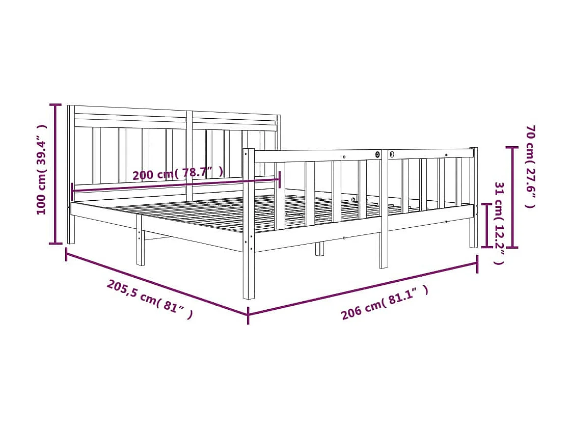 Lit double | Lit adulte | Cadre de lit noir bois massif 200x200 cm