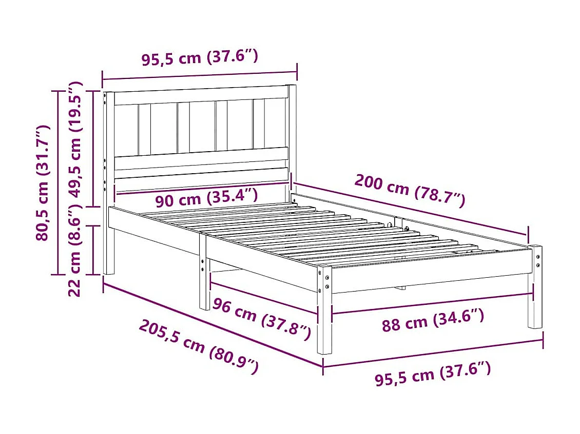 Lit simple | Lit adulte, enfant | Cadre de lit Blanc 90x200 cm Bois massif en pin
