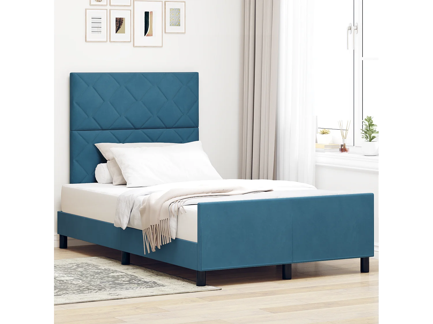 Lit simple | Lit adulte, enfant | Cadre de lit avec tête de lit Bleu foncé 120x190 cm Velours